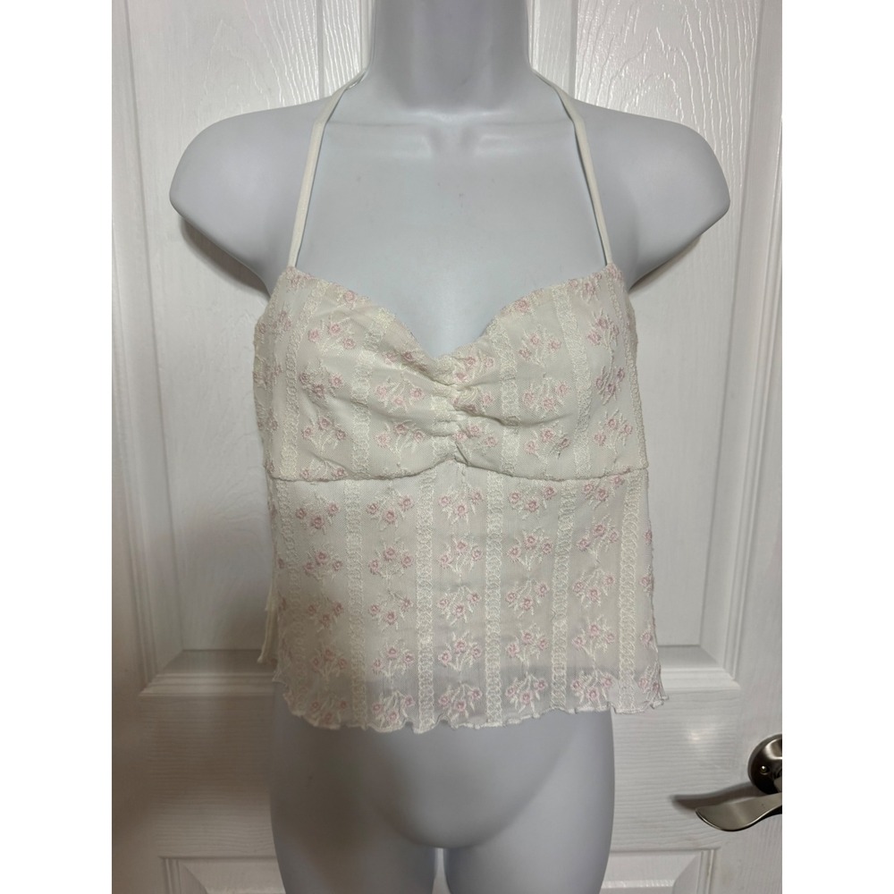 Garage White Pink Floral Mesh Halter Top Lace Sweetheart Tie Back Crop Medium